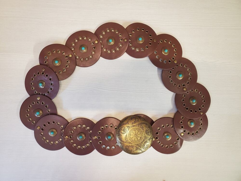 Womens Leather Concho 43" Belt Western Boho Turquoise Studs Brown Gold Tone